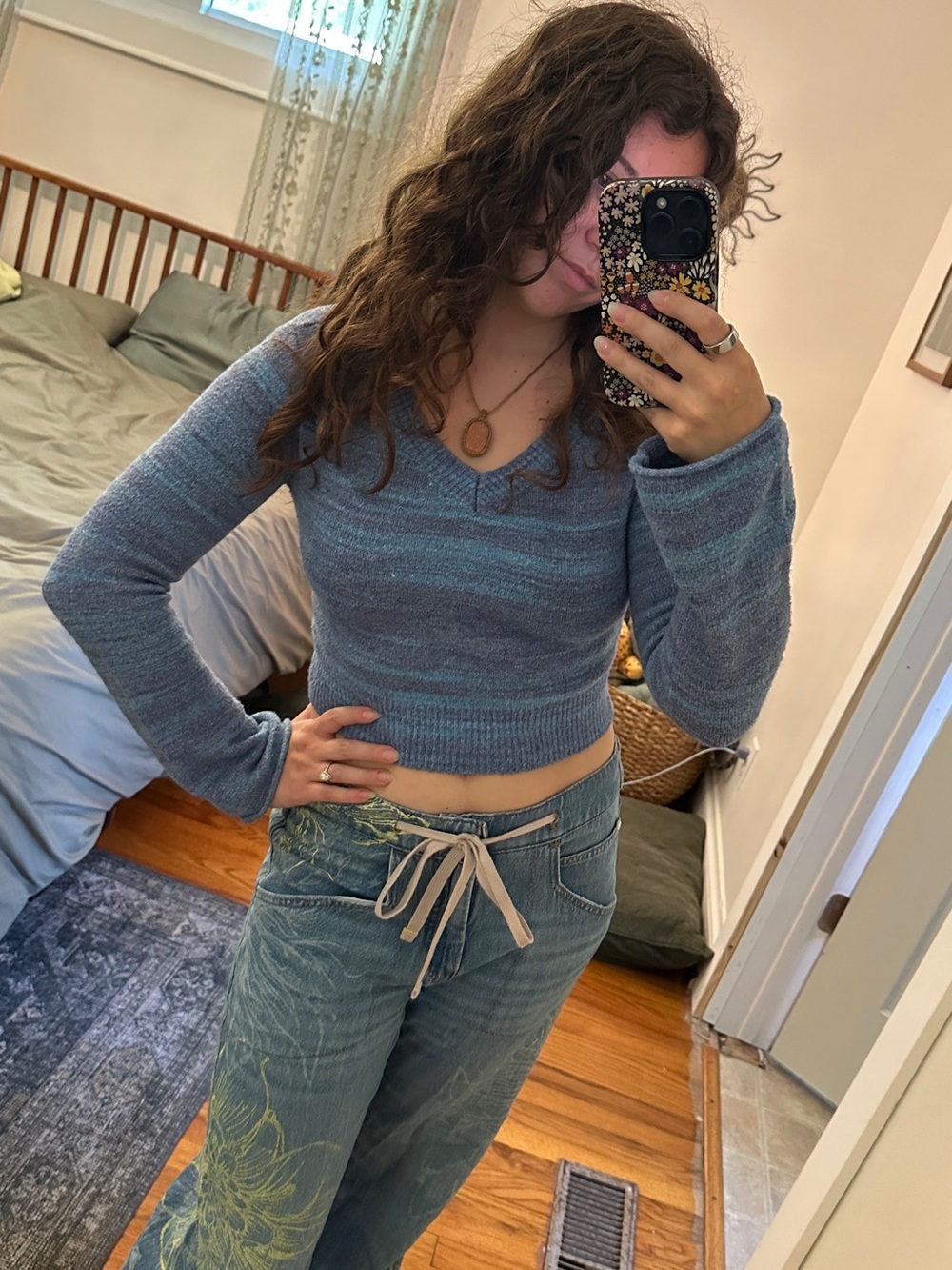 Garage Light Blue Striped V-Neck Crop Sweater
